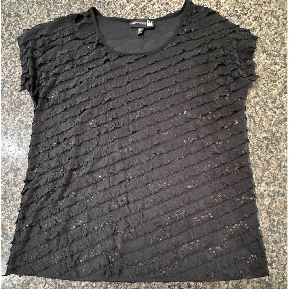 Antthony Originals Black Ruffle Sequin Top Short Sleeve Blouse XL 13476